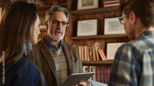 A photorealistic image of a financial advisor, holding a tablet, explaining financial plans to a couple, cozy office setting, bookshelves and certificates in the background. Warm lighting, focused
