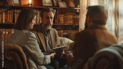 A photorealistic image of a financial advisor, holding a tablet, explaining financial plans to a couple, cozy office setting, bookshelves and certificates in the background. Warm lighting, focused