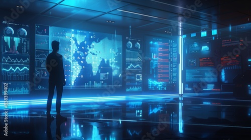 An illustration of a futuristic financial planning tool, holographic displays and data, user interacting with floating graphs in a high-tech office, sleek and modern design. Cool blue tones, neon