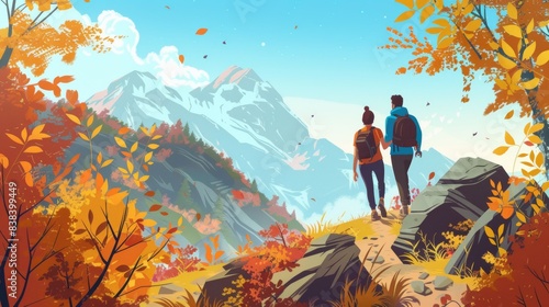 An illustration of a couple hiking in a scenic mountain trail, vibrant autumn foliage, clear blue sky, and majestic mountain peaks in the background. Dynamic poses, sense of adventure. Created Using:
