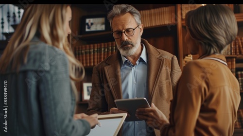A photorealistic image of a financial advisor, holding a tablet, explaining financial plans to a couple, cozy office setting, bookshelves and certificates in the background. Warm lighting, focused