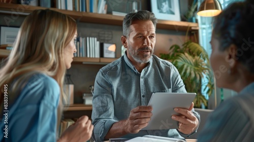 A photorealistic image of a financial advisor, holding a tablet, explaining financial plans to a couple, cozy office setting, bookshelves and certificates in the background. Warm lighting, focused