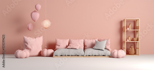 Trendy Gen Z Style: Best-Selling AI-Generated Adobe Stock Image of a Simple Empty Product Display Template with Round Furniture Wrapped in Puffy Squishy Fabric, Featuring Soft Curves and No Hard Edges