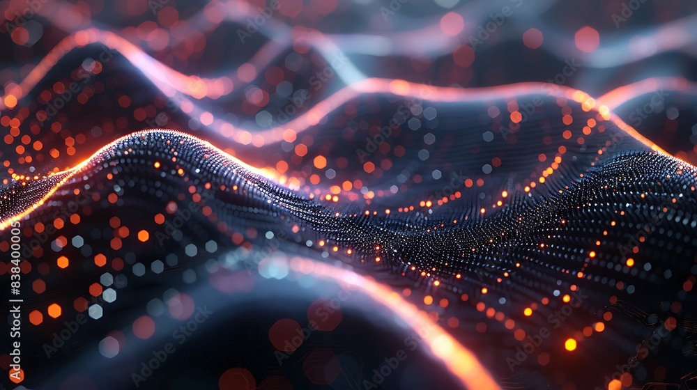 Abstract digital wave with glowing particles, representing data flow and modern technology concepts in vibrant orange and blue tones. 3D Illustration. Abstract digital wave with glowing particles, representing data flow and modern technology concepts in vibrant orange and blue tones. 3D Illustration.