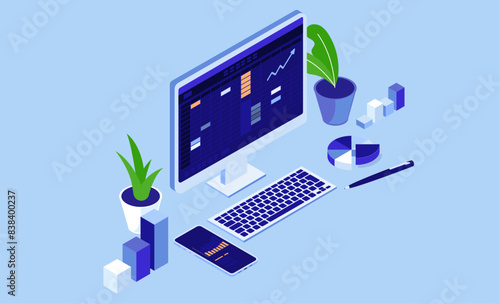 Accounting computer screen with spreadsheet software on desktop pc with graphs and charts in office environment. Flat design isometric view vector illustration on blue background