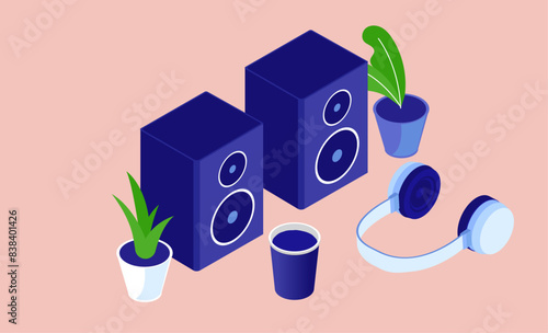 Stereo music speakers - Pair and set of bookshelf loudspeakers with a headset and coffee cup. Listening to music and audio concept in isometric flat design vector illustration with beige background