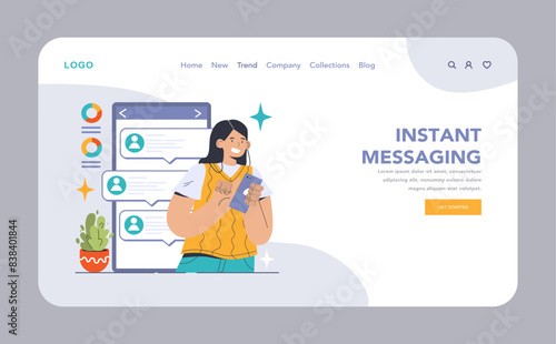 Instant Messaging web or landing. Woman swiftly communicates