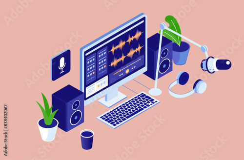 Podcast and audio content production on computer - Desktop screen with software showing professional home production, editing and content creation work with speakers, microphone and headset. Vector