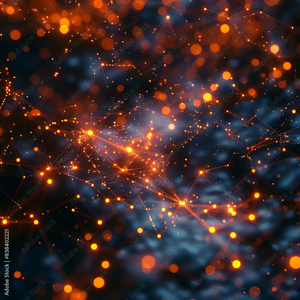 Abstract glowing orange dots interconnected on dark background, depicting network or data connections. Modern technology concept. 3D Illustration. Abstract glowing orange dots interconnected on dark background, depicting network or data connections. Modern technology concept. 3D Illustration.