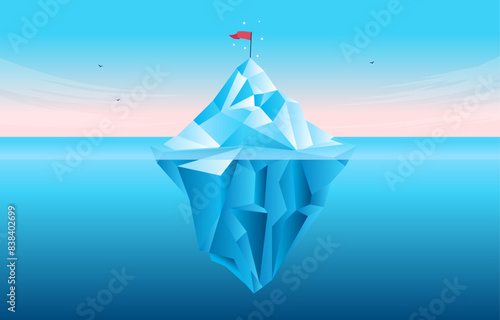 Tip of the iceberg concept - Big ice mountain with flag on top in calm blue sea showing both under and above water level. Flat design vector illustration