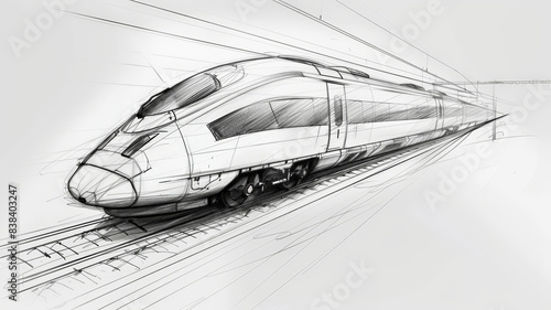 croquis noir et blanc d'une vue perspective d'un train à grande vitesse