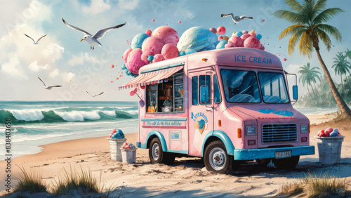 A cheerful ice cream van parked on a sandy beach, waves murmuring in the distance. A truck decorated with colorful balloons. photo