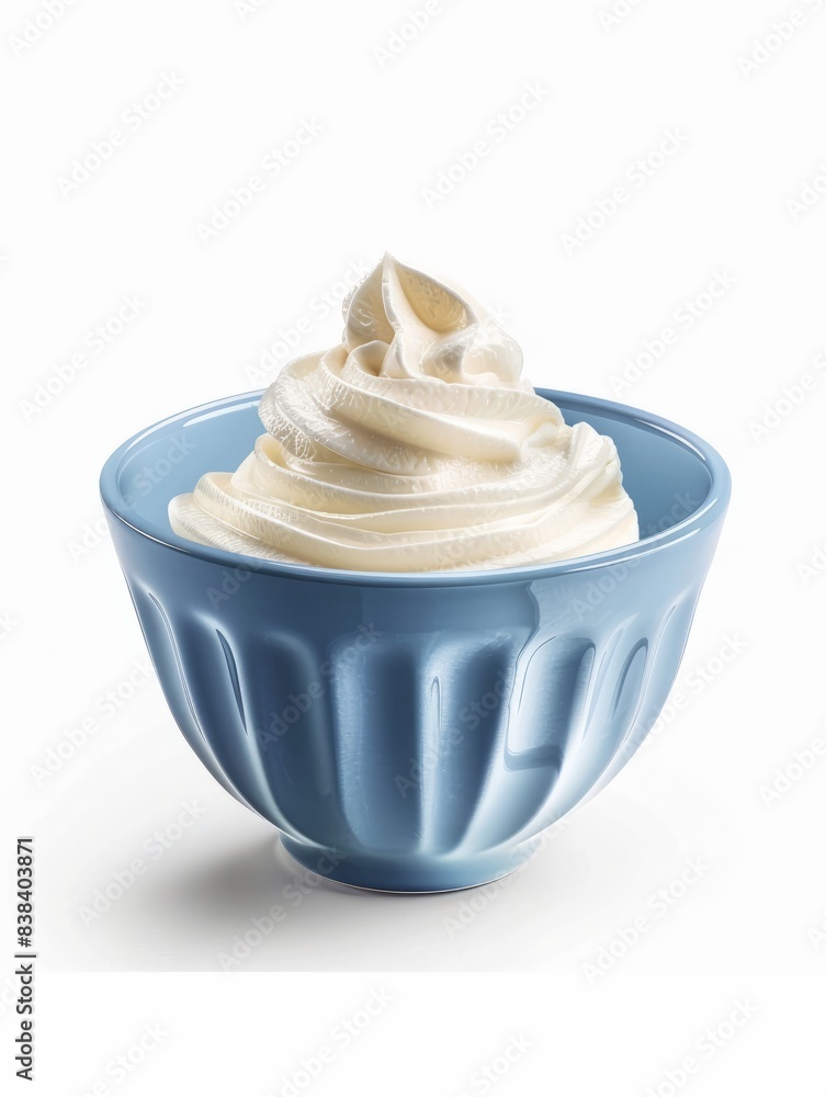 Fresh greek yogurt in a blue bowl isolated on white background hyper realistic Fresh greek yogurt in a blue bowl isolated on white background hyper realistic