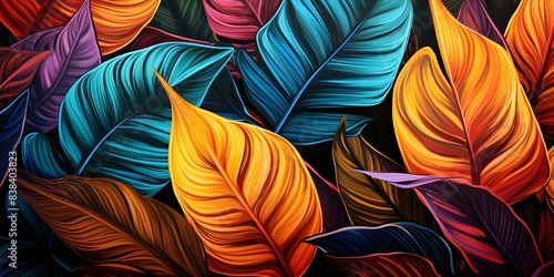 Colorful modern digital art featuring abstract geometric botanical tropical leaves in nature. Concept Geometric Art  Digital Design  Botanical Illustration  Tropical Leaves  Nature-Inspired Art