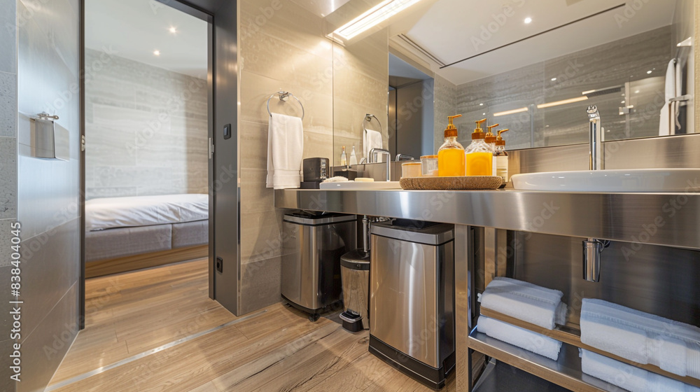 Sleek bathroom with stainless steel appliances and breakfast bar Sleek bathroom with stainless steel appliances and breakfast bar