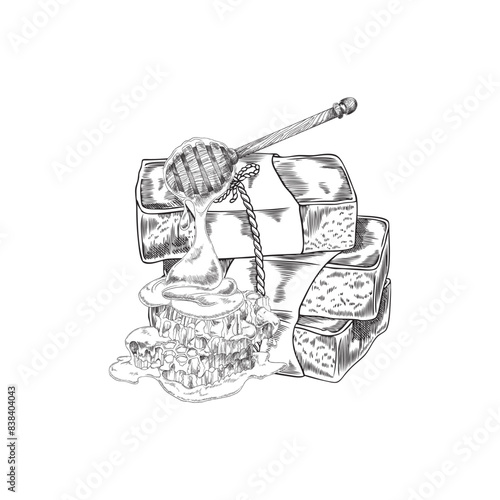 Handmade natural soap bricks with honeycomb engraved hand drawn vector, honey flavor natural products with honey spoon