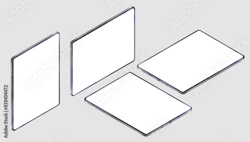 Isometric tablets mockup - Collection of devices in various angles with white empty screen. Perspective view vector illustration on grey background