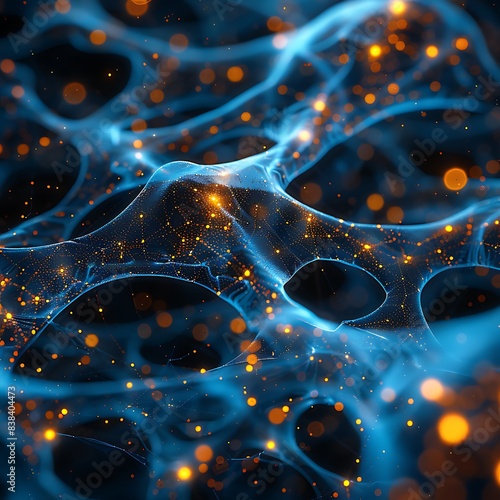 Abstract representation of neural network connections with glowing nodes and pathways, depicting the complexity of artificial intelligence. 3D Illustration. photo