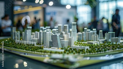 Fototapeta Naklejka Na Ścianę i Meble -  Eco-friendly urban planning model displayed in a public exhibition space, showcasing sustainable city designs.