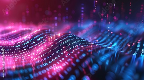 Abstract technology background with vibrant waves of binary code and glowing digital data, representing communication and information technology.