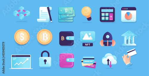 Fintech icons and symbols - Collection of common financial technology symbols like crypto currency, banking, contracts, cloud, computer and more. Semi flat design vector illustrations