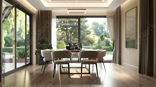 Sleek dining room with ergonomic furniture and ample natural light