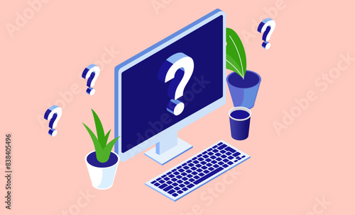 Computer with question mark - Desktop PC on desk and question marks all around. Technical data problem, issues and trouble concept vector illustration in flat design isometric perspective view