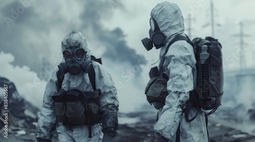 Two individuals in white hazmat suits and gas masks standing in a smoky, desolate environment, illustrating preparedness in hazardous situations.