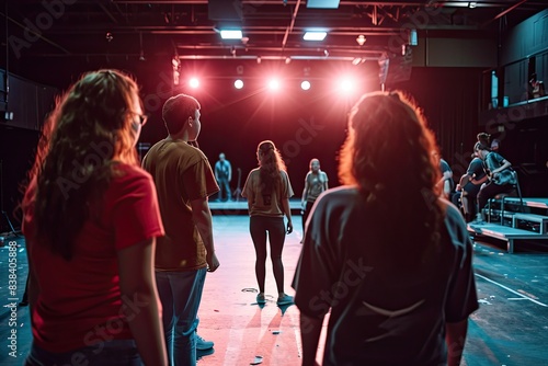 a man and a woman sitting in a theatre, a man and a woman sitting in a theatre, Actors rehearsing a scene in a community theater