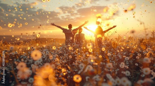 Happy family celebrates the summer solstice day in a field at sunset. Generative ai photo