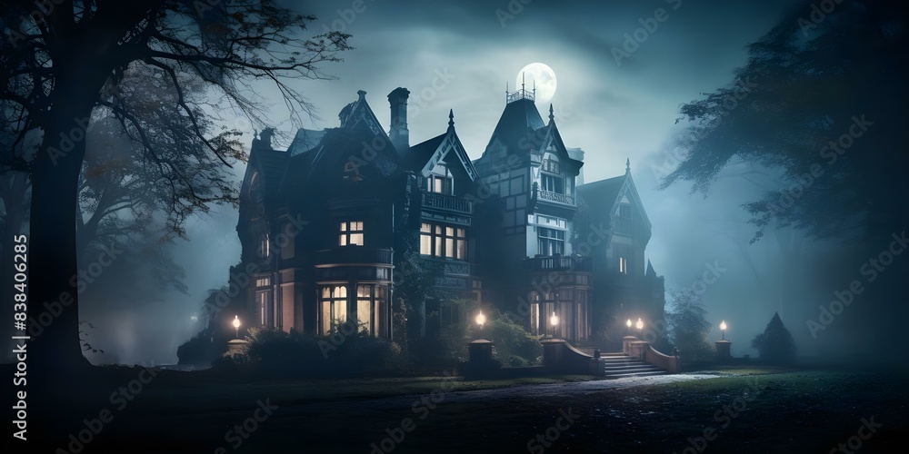 Mysterious moonlit mansion in mist evoking eerie charm and haunting beauty. Concept Moonlit Mansion, Eerie Charm, Haunting Beauty, Misty Atmosphere, Gothic Architecture Mysterious moonlit mansion in mist evoking eerie charm and haunting beauty. Concept Moonlit Mansion, Eerie Charm, Haunting Beauty, Misty Atmosphere, Gothic Architecture