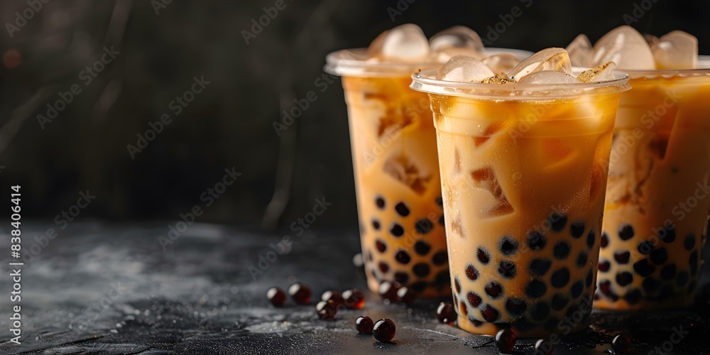 Iced milk tea bubble boba in a plastic cup on dark background. Concept ...