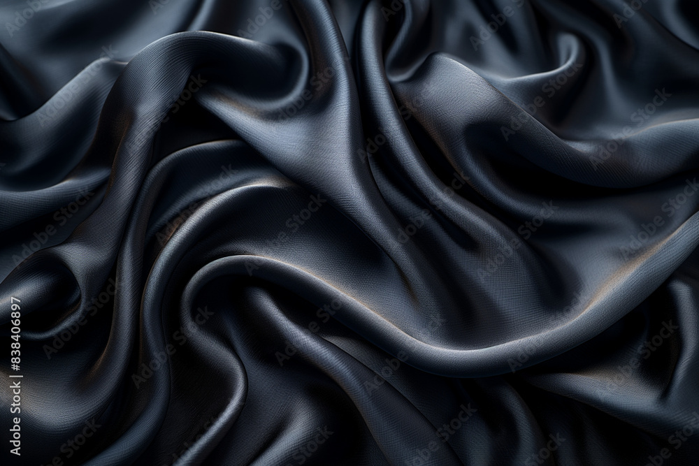 Fototapeta premium Black silk fabric with dramatic folds and creases, the light creating a striking contrast and depth in its texture