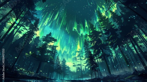 A mesmerizing night scene featuring the aurora borealis casting an ethereal glow over a dense forest.