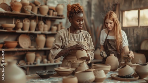 Traditional Pottery Making by Artisan Multiracial Women in a Workshop. Generative ai