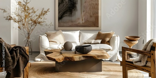 Scandinavian living room with rustic live edge table and wooden armchairs. Concept Scandinavian Design, Rustic Decor, Live Edge Table, Wooden Armchairs, Cozy Living Room