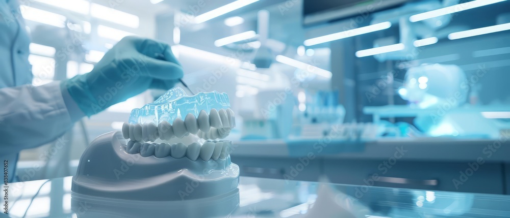 A dentist uses 3D print technology to create custom dental solutions in a futuristic clinic A dentist uses 3D print technology to create custom dental solutions in a futuristic clinic