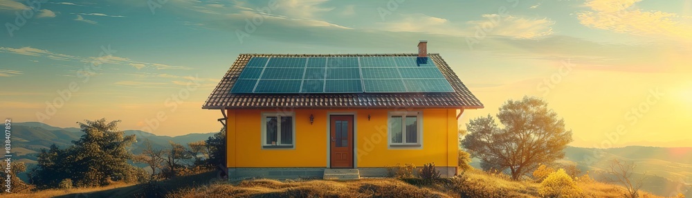 Fototapeta premium A yellow house with solar panels on the roof