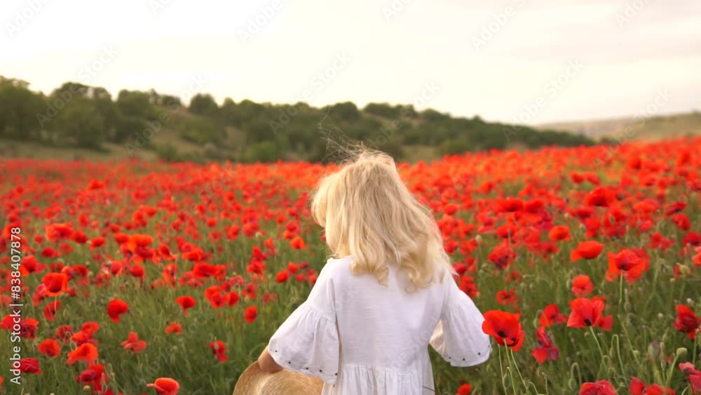 A young girl wearing a straw hat stands in a field of red poppies. The scene is serene and peaceful, with the woman looking up at the sky. A young girl wearing a straw hat stands in a field of red poppies. The scene is serene and peaceful, with the woman looking up at the sky.