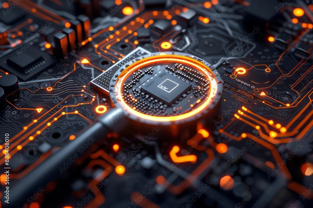 A futuristic 3D render of a magnifier symbol embedded on a microchip A futuristic 3D render of a magnifier symbol embedded on a microchip
