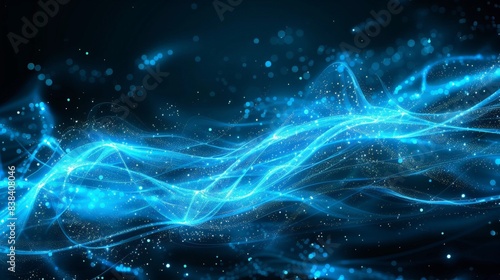 Abstract Blue Light Waves with Glittering Particles on a Dark Background, Perfect for Technology, Science, and Futuristic Designs © Tanakorn