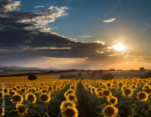 A stunning sunflower field at sunset in Edirne, Turkey photo