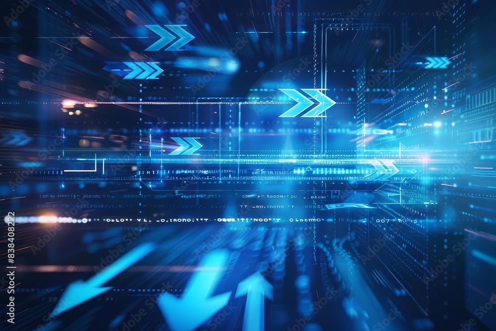 Fototapeta premium A futuristic abstract blue background featuring dynamic arrows and tech elements
