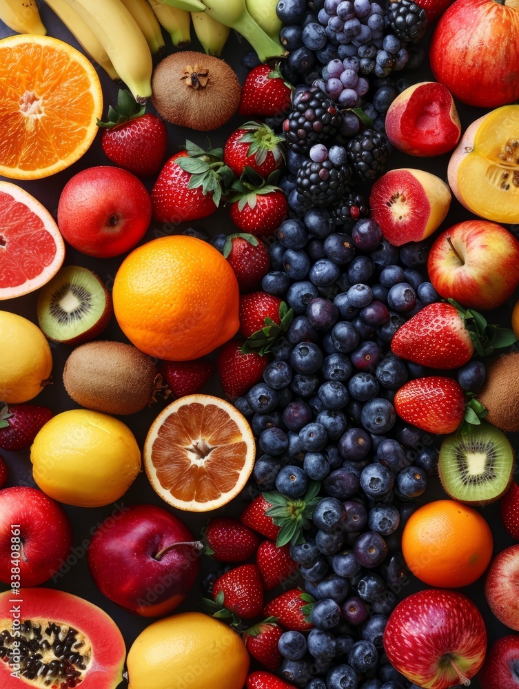 vue verticale d'un assortiment de fruits et fruit secs sur un plan de travail dans une cuisine, espace pour texte hyper realistic vue verticale d'un assortiment de fruits et fruit secs sur un plan de travail dans une cuisine, espace pour texte hyper realistic