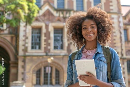 A young Black female student stands in front of a university building holding a tablet, smiling broadly, dressed casually. photo