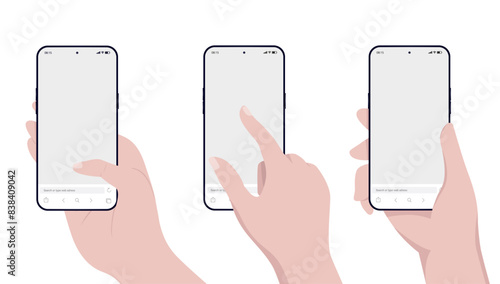 Vector phone and hand mockup collection - Set of template illustrations with hands using smartphones interacting with blank empty screen in front view flat design on white background