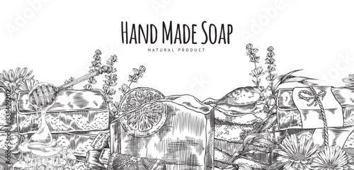 Vector frame design with handmade soap. Sketch drawn by hand.