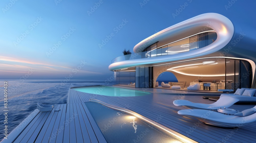 Fototapeta premium A futuristic luxury house with a sunbathing deck and private swimming pool, offering a panoramic sea view, with sleek, modern design and advanced amenities