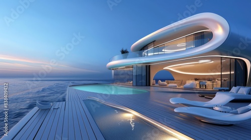 A futuristic luxury house with a sunbathing deck and private swimming pool, offering a panoramic sea view, with sleek, modern design and advanced amenities