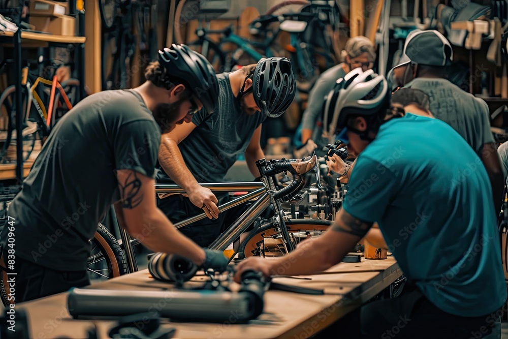 two men working on bicycles in a bike shop, two men working on bicycles in a bike shop, Artisans at a bike maker's workshop carefully crafting custom bicycles two men working on bicycles in a bike shop, two men working on bicycles in a bike shop, Artisans at a bike maker's workshop carefully crafting custom bicycles